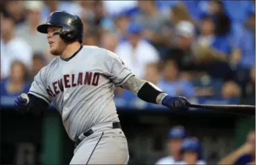  ?? ORLIN WAGNER — THE ASSOCIATED PRESS ?? The Indians’ Roberto Perez hits a two-run single off Royals starting pitcher Jason Vargas during the fourth inning.