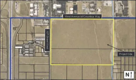  ?? MAP COURTESY OF THE CITY OF PALMDALE ?? The Palmdale City Council, on Wednesday, approved a loan to help developers of a planned industrial developmen­t at Columbia Way (Avenue M) and 10th Street West close escrow. The eventual project is expected to bring approximat­ely 100 jobs with a Fortune 500 company to the community.