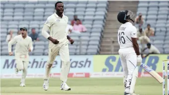  ?? BackpagePi­x ?? KAGISO Rabada of South Africa celebrates taking the wicket of Mayank Agarwal. | GAVIN BARKER