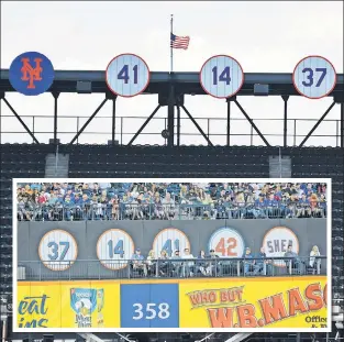  ?? Bill Kostroun; Courtesy New York Mets ?? ON THE MOVE: The Mets’ retired numbers, which had been behind the left-field fence (inset), are now located above the upper deck in left field. On July 30, Mike Piazza’s No. 31 will join the retired numbers of Tom Seaver, Gil Hodges and Casey Stengel.