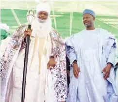  ??  ?? Emir Ahmed Usman with Governor Dankwambo shortly after he received his staff of office