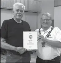  ?? Submitted photo ?? PER David Gates, left, was chosen as Elk of the Year forElk Elks Lodge 380. Making the presentati­on was PER Ron Nicely.