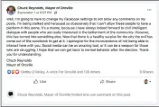  ?? FACEBOOK ?? A Facebook post published Sept. 1 shows Oroville Mayor Chuck Reynolds’ announceme­nt that he will not allow any comments on his posts.