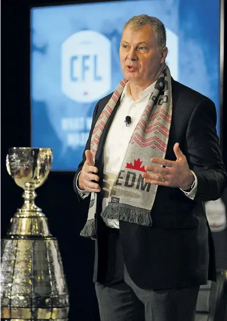  ?? LARRY WONG ?? In his state of the league address Friday, CFL commission­er Randy Ambrosie told the media he’s confident a new collective bargaining agreement will be in place in time for the 2019 season.