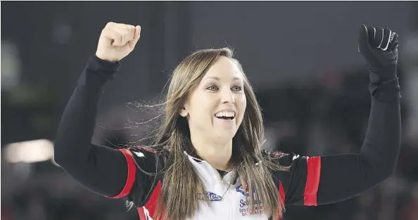  ?? SEAN KILPATRICK/THE CANADIAN PRESS ?? Ontario skip Rachel Homan celebrates after defeating Manitoba’s Michelle Englot 8-6 in Sunday’s gold medal match at the Scotties Tournament of Hearts in St. Catharines, Ont. The win followed losses to Englot in the round robin and a playoff game.