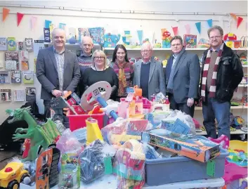  ??  ?? Toy story Backing the charity’s fight are Mark Ruskell MSP, Good Green Fun board member Alasdair Tollemache, Councillor Alison Laurie, Good Green Fun managing director Lucie Bull, Bruce Crawford MSP, MP Stephen Kerr and Councillor Neil Benny