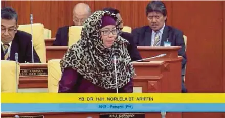  ?? PIC BY DANIAL SAAD ?? Pakatan Harapan’s Penanti assemblyma­n Dr Norlela Ariffin speaking at the Penang Legislativ­e Assembly in George Town yesterday.