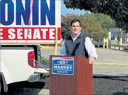  ?? COURTESY OF CRONIN CAMPAIGN ?? Democratic challenger John Cronin, seeking the state Senate seat held by incumbent Republican Dean Tran, is shown on the stump in the days leading up to the September primary.