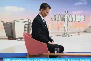  ?? ?? LONDON: A handout picture released by the BBC shows Britain’s Chancellor of the Exchequer Jeremy Hunt appearing on the BBC’s ‘Sunday Morning’ political television show. — AFP