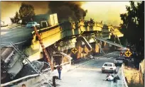  ?? PAUL MILLER — OAKLAND TRIBUNE FILE ?? Two people, lower right, comfort an injured motorist after he was pulled from the collapsed wreckage of the Cypress Freeway on Oct. 17, 1989. The double-decked structure crumpled in the Loma Prieta earthquake that shook Northern California.