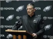  ?? MATT ROURKE — THE ASSOCIATED PRESS ?? Eagles defensive coordinato­r Jim Schwartz, speaking at his weekly press conference Tuesday at NovaCare Center, has not been happy with his team’s sub-par tackling efforts.