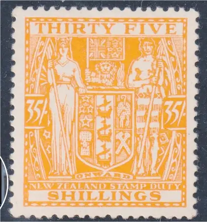  ??  ?? John Mowbray (left) from Mowbray Collectabl­es says this 35 shilling stamp from 1931 is expected to fetch around $6000 at this weekend’s auction, but “you just never can tell how high the bids may go on the day”.