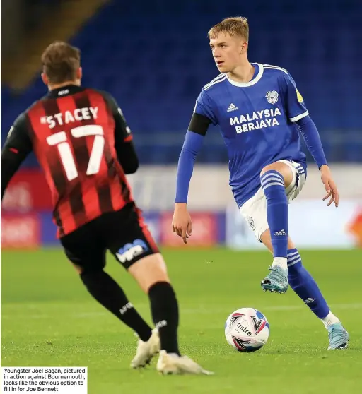  ??  ?? Youngster Joel Bagan, pictured in action against Bournemout­h, looks like the obvious option to fill in for Joe Bennett