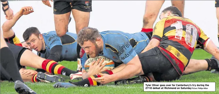  ?? Picture: Phillipa Hilton ?? Tyler Oliver goes over for Canterbury’s try during the 27-10 defeat at Richmond on Saturday