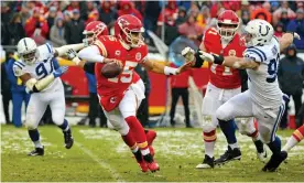  ?? Photograph: Jay Biggerstaf­f/USA Today Sports ?? Kansas City’s Patrick Mahomes delivered a gem in his playoff debut, leading the Chiefs intothe AFC championsh­ip game.