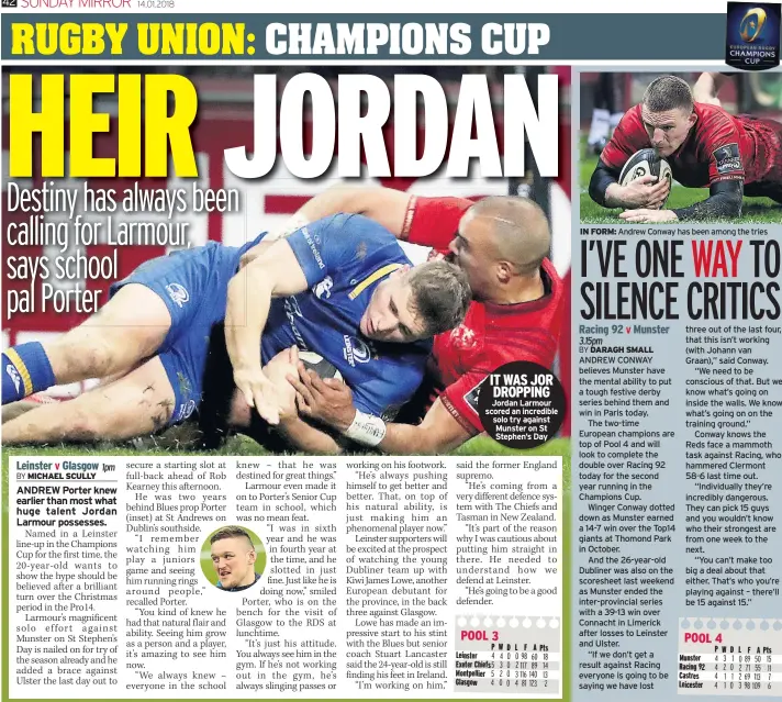  ??  ?? IT WAS JOR DROPPING Jordan Larmour scored an incredible solo try against Munster on St Stephen’s Day