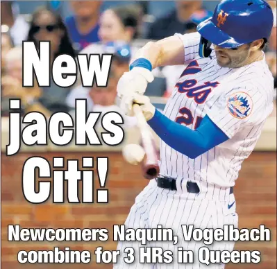  ?? N.Y. Post: Charles Wenzelberg ?? WELCOME HOME: The Mets’ Tyler Naquin homers in the second inning on Thursday. He added another in the sixth to become the first player in franchise history with multiple home runs in his home debut.