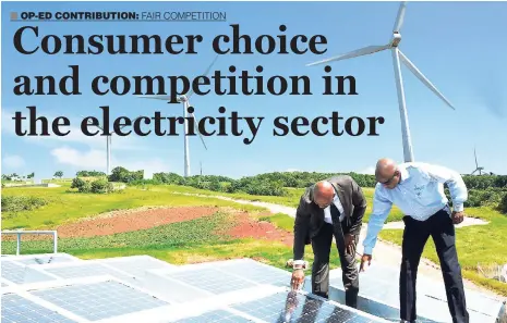  ??  ?? In this November 2, 2016 photo, Energy Minister Dr Andrew Wheatley (left) and Chairman of Wigton Windfarm Duane Smith examine solar panels installed at a lab on the wind farm complex in Manchester. Jamaicans can generate electricit­y from renewable...