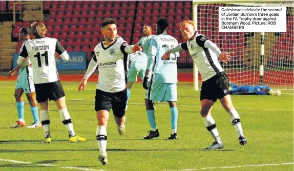  ??  ?? Gateshead celebrate the second of Jordan Burrow’s three goals in the FA Trophy draw against Boreham Wood. Picture: ROB CHAMBERS