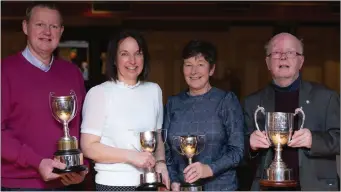  ??  ?? Mike Corridon, Brid Murphy, Marian O’Neill and Junior Griffin who were honoured by the Kerry Badminton Associatio­n for the service they have given the game at the Riverside Hotel in Castleisla­nd recently. All four now have cups called after them.