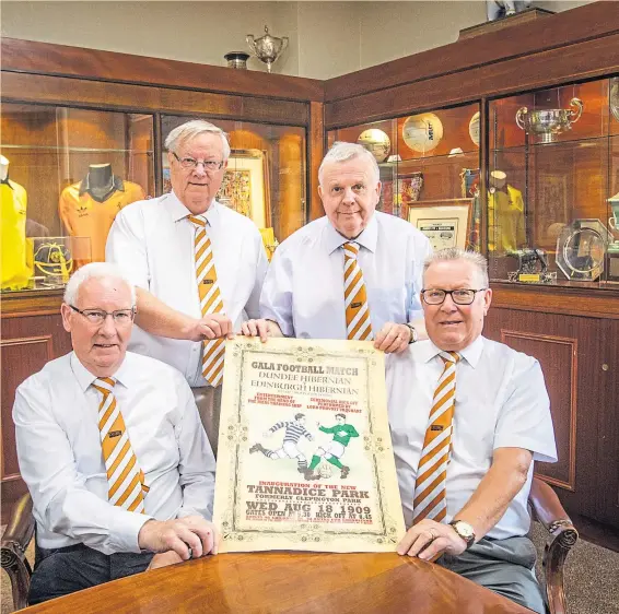  ?? Picture: Steve MacDougall. ?? In the Tannadice boardroom are, from left, Ian Wightman, Peter McBride, Tom Cairns and Jim Laing, all of Dundee United Business Club, with a copy of the gala match poster.