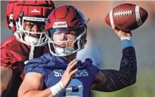  ?? Okla. CHRIS LANDSBERGE­R/OKLAHOMAN ?? Quarterbac­k Dillon Gabriel throws a pass during a spring practice March 24 in Norman,