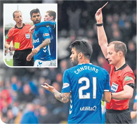  ??  ?? Daniel Candeias was sent off by Willie Collum, having earlier been booked for celebratin­g in the crowd