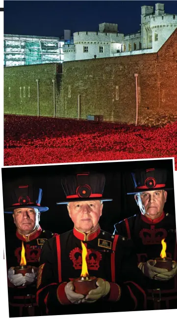  ??  ?? A light in the shadow: Yeomen Warders holding the torches that will be lit to commemorat­e the centenary of the 1918 Armistice. And top, the Weeping Window amid the field of ceramic poppies in the moat of the Tower in 2014