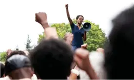  ?? Photograph: Des Willie/BBC/ McQueen Limited ?? Radical … Letitia Wright rallies protesters in Mangrove.