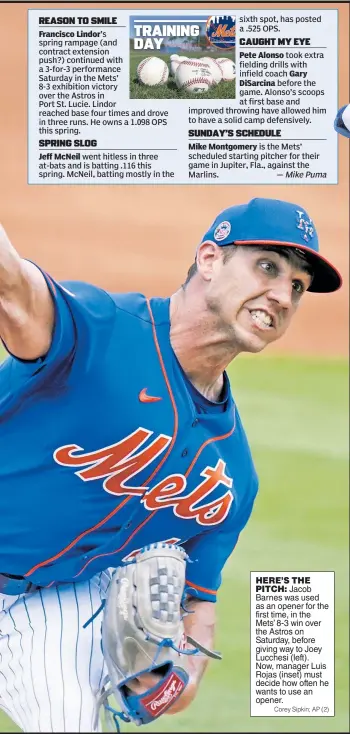  ?? Corey Sipkin; AP (2) ?? HERE’S THE PITCH: Jacob Barnes was used as an opener for the first time, in the Mets’ 8-3 win over the Astros on Saturday, before giving way to Joey Lucchesi (left). Now, manager Luis Rojas (inset) must decide how often he wants to use an opener.