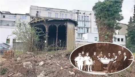  ?? FOTO: -NAU/STADTARCHI­V ?? Der Pavillon, einst Gartenidyl­l der Familie Werhahn (kleines Bild) ist einsturzge­fährdet. Die Fläche, auf der er steht, soll verkauft werden.