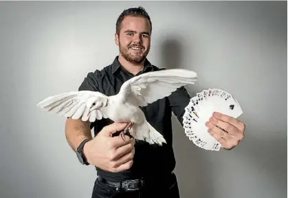 ??  ?? Twenty-one year old magician Mike Lindsay will bring his dove Gizmo along for the ride.