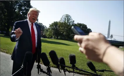  ?? EVAN VUCCI - ASSOCIATED PRESS ?? President Donald Trump talks with reporters before departing for an event to celebrate the 400th anniversar­y celebratio­n of the first representa­tive assembly at Jamestown, on the South Lawn of the White House Tuesday in Washington.