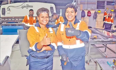  ?? Picture: JONACANI LALAKOBAU ?? Selina Grace Moce, left, and Lusiana Malani at the Aquaheat South Pacific Ltd worksite at Wailada in Lami yesterday.