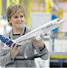  ??  ?? Nicola Sturgeon, Scotland’s First Minister, outlined a £45m package for Scottish businesses’ R&amp;D at Spirit Aerosystem­s yesterday. The Prestwick-based firm has won a contract to build wing parts for Airbus. On the up