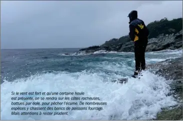  ??  ?? Si le vent est fort et qu’une certaine houle est présente, on se rendra sur les côtes rocheuses, battues par éole, pour pêcher l’écume. De nombreuses espèces y chassent des bancs de poissons fourrage. Mais attentions à rester prudent.