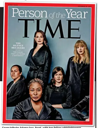  ??  ?? Cover tribute: Adama Iwu Iwu, front, front with her fellowwhis­tleblowers fellow whistleblo­wers (from left), Isabel Pascual, Ashley Judd, Susan Fowler and Taylor Swift