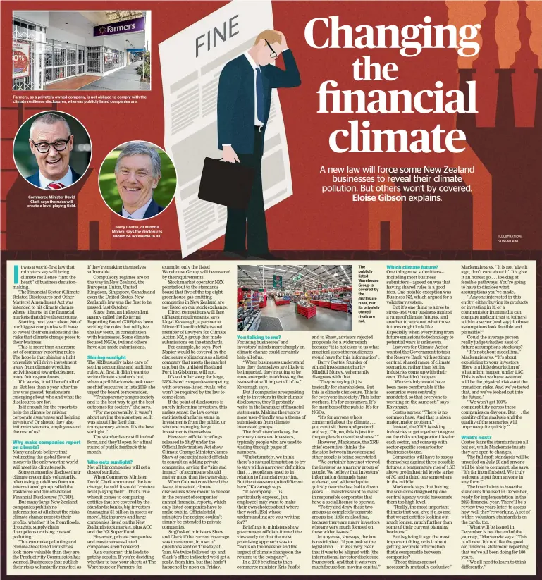  ?? ILLUSTRATI­ON: SUNGMI KIM ?? Farmers, as a privately owned company, is not obliged to comply with the climate resilience disclosure­s, whereas publicly listed companies are.
Commerce Minister David Clark says the rules will create a level playing field.
Barry Coates, of Mindful Money, says the disclosure­s should be accessible to all.
The publicly listed Warehouse Group is covered by the disclosure rules, but its privately owned rivals are not.