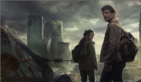  ?? PROVIDED BY HBO MAX ?? “The Last of Us” TV series features an Episode 6 interlude in which main characters Ellie (Bella Ramsey, left) and Joel (Pedro Pascal) navigate a ruined, fictional Eastern Colorado University.