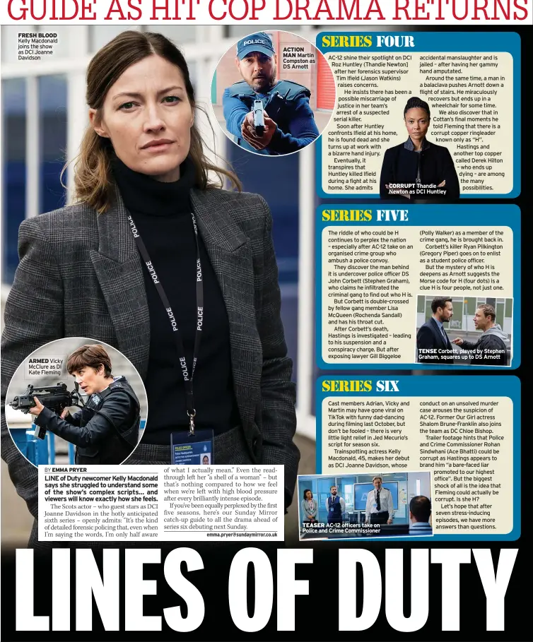  ??  ?? FRESH BLOOD Kelly Macdonald joins the show as DCI Joanne Davidson
ARMED Vicky McClure as DI Kate Fleming
ACTION MAN Martin Compston as DS Arnott