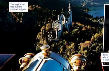  ??  ?? The magical car flies over the castle of Vulgaria. Benny Hill played the role of the toymaker in the film.