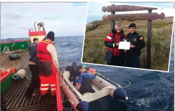  ??  ?? Dingle’s Nuala Moore reboarding the boat after completing a world first - swimming from the Atlantic to the Pacific at Cape Horn in South America and, inset, with friend back on dry land.