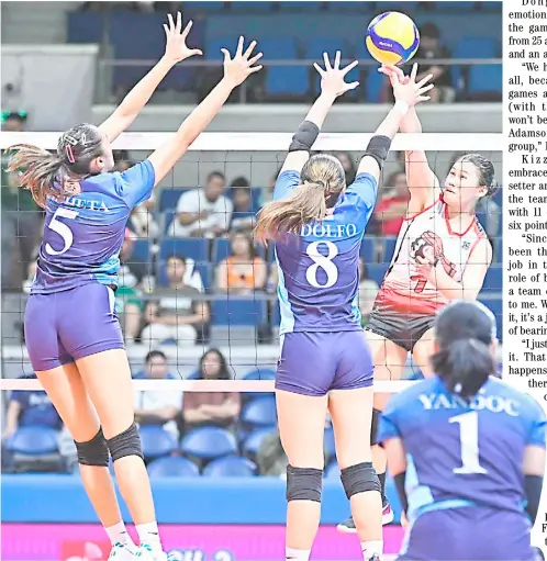  ?? PHOTOGRAPH COURTESY OF UAAP ?? KC Cepada lifts University of the East to a 26-24, 23-25, 25-18, 25-20 victory over Adamson University in the Season 86 UAAP women’s volleyball tournament Saturday at the Smart Araneta Coliseum.
