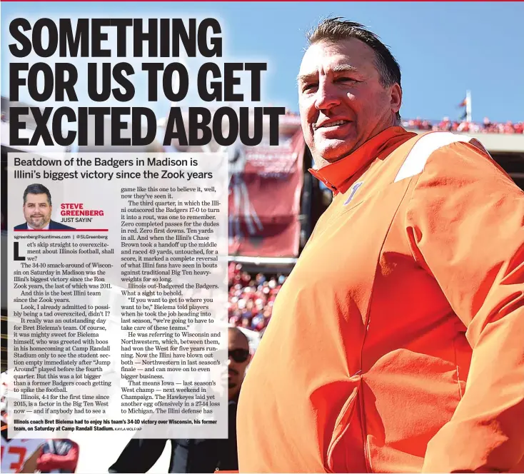  ?? KAYLA WOLF/AP ?? Illinois coach Bret Bielema had to enjoy his team’s 34-10 victory over Wisconsin, his former team, on Saturday at Camp Randall Stadium.