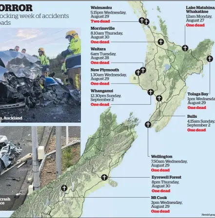  ?? Herald graphic ?? Fatal crash near Waimauku, Auckland The scene of a two-vehicle crash at the entrance to the Terrace Tunnel in Wellington Waimauku Morrinsvil­le Waitara New Plymouth Whanganui Wellington Eyrewell Forest Mt Cook Lake Matahina, Whakatāne Tolaga Bay Bulls