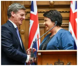  ??  ?? Prime Minister Bill English shakes hands with his deputy, Paula Bennett.