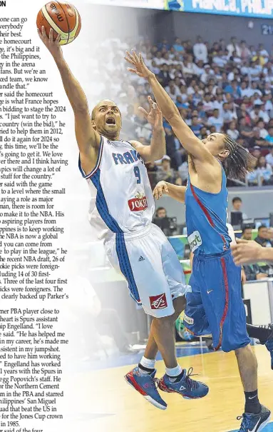  ??  ?? Tony Parker (left) of France goes for a lay-up against Terrence Romeo during their 2016 FIBA Olympic Qualifying Tournament in Manila Tuesday. France won, 93-84.