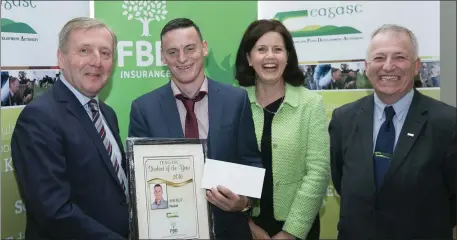  ??  ?? Finalist in the Teagasc/ FBD Student of the Year, John Kelly, Carrowgill­patrick, Dromard, Co Sligo, pictured here with the Minister for Agricultur­e, Food and the Marine, Michael Creed TD, Fiona Muldoon, Chief Executive of FBD Insurance and Prof Gerry...