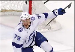  ?? REINHOLD MATAY — THE ASSOCIATED PRESS ?? Tampa Bay’s Ross Colton celebrates after scoring the game-winning goal against the Florida Panthers in the closing seconds of Game 2on Thursday in Sunrise, Fla.