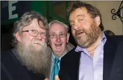  ??  ?? Nedeen’s brother Donal in conversati­on with the two famous bearded faces that are Camp’s Mike Neill and Brendan Grace.